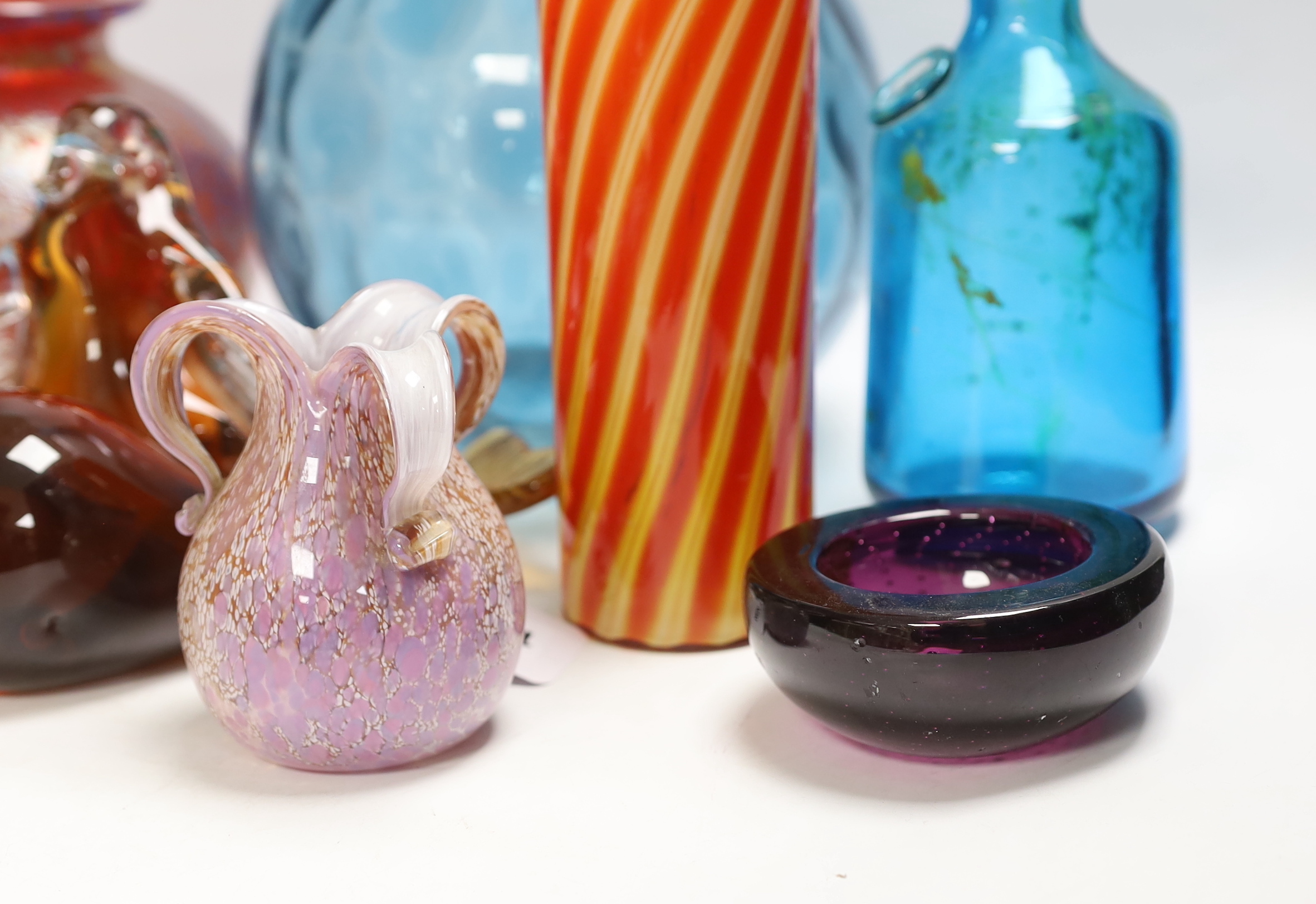 Nine pieces of art glassware including Royal Brierley vase and Wedgwood paperweight, largest 49cm high
